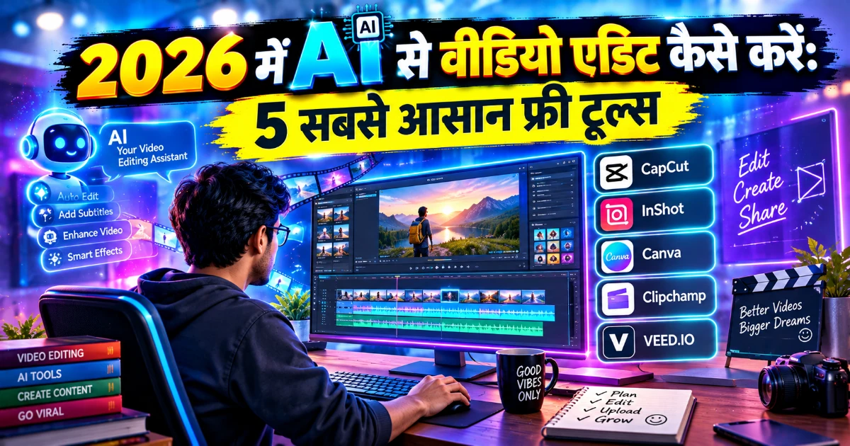 2026 में AI से वीडियो एडिट कैसे करें: 5 सबसे आसान फ्री टूल्स को दर्शाता हुआ 1200×630 फीचर इमेज