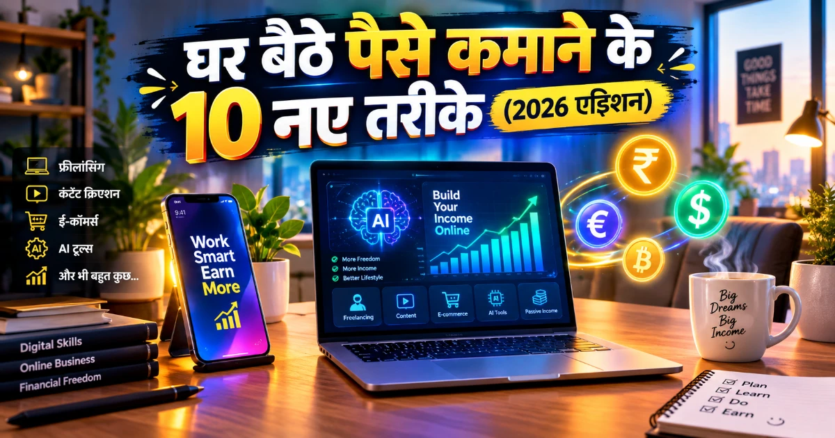 घर बैठे पैसे कमाने के 10 नए तरीके (2026 एडिशन): बिना निवेश के कमाई को दर्शाता हुआ 1200×630 फीचर इमेज